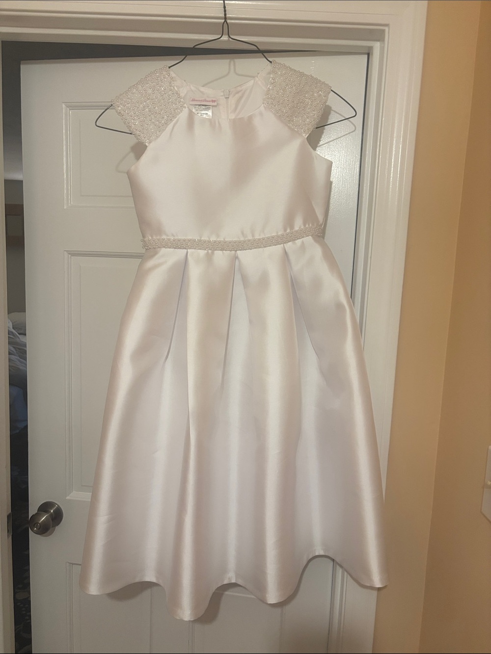 Bonnie Jean Ivory Satin Girls Formal Dress with Beaded Cap Sleeves